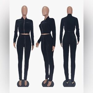NIB Black Velour Velvet Track Suit; Short Crop Top Zip Up; Elastic Tie Waist XL